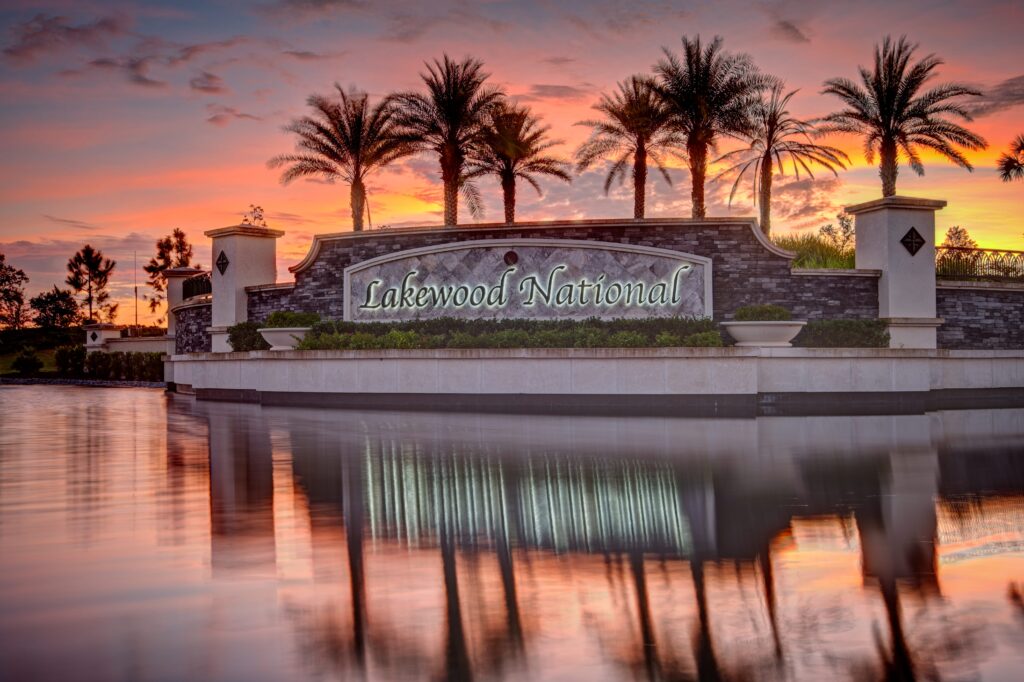 Dusk view of sign over water